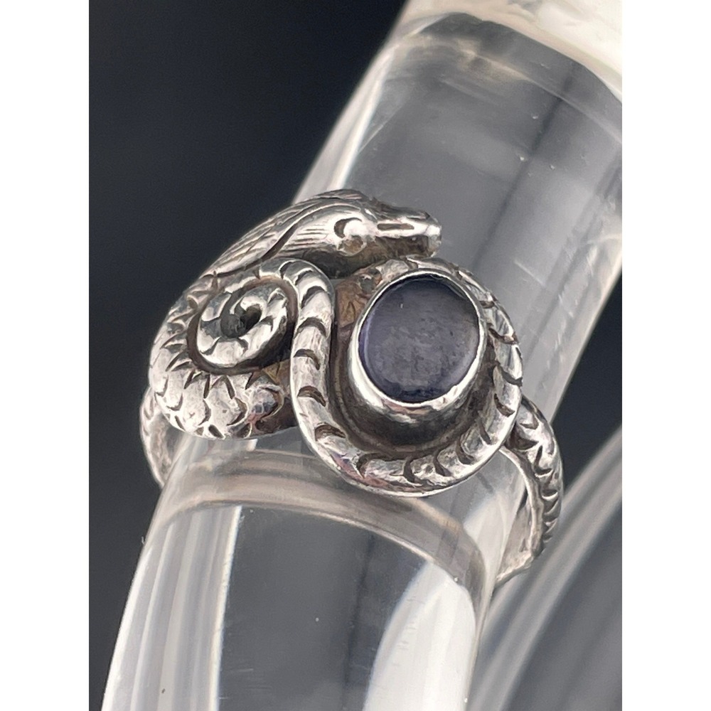 Vintage Sterling Silver Snake Ring Iolite Purple Cabochon Gothic Sz 6.5 Artisan